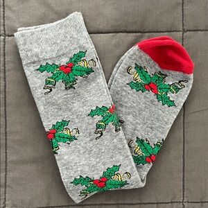 Festive Gray and Red Socks with Holly Design
